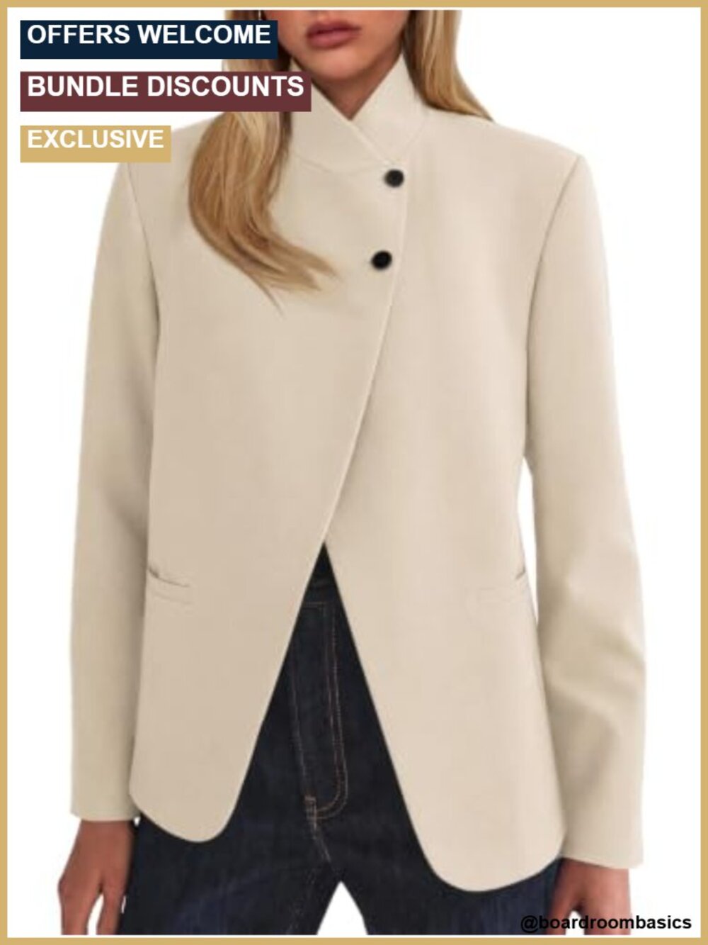 Womens Light Khaki Stand Collar Blazer Business Work Button Suit Jacket